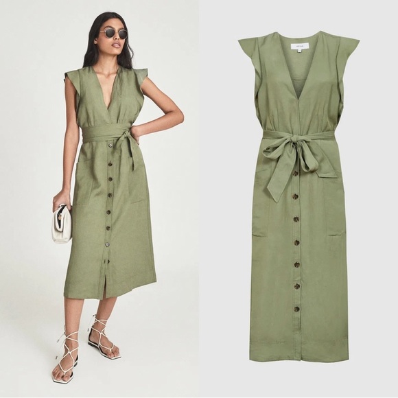REISS • Emma Plunge Frill Shoulder Dress green midi button front tie waist belt - Picture 1 of 14
